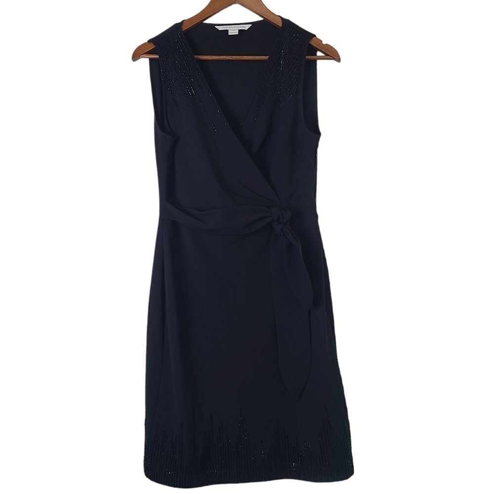 DVF Diane Von Furstenberg Black Crepe Beaded Bella Faux Wrap Dress Size 8